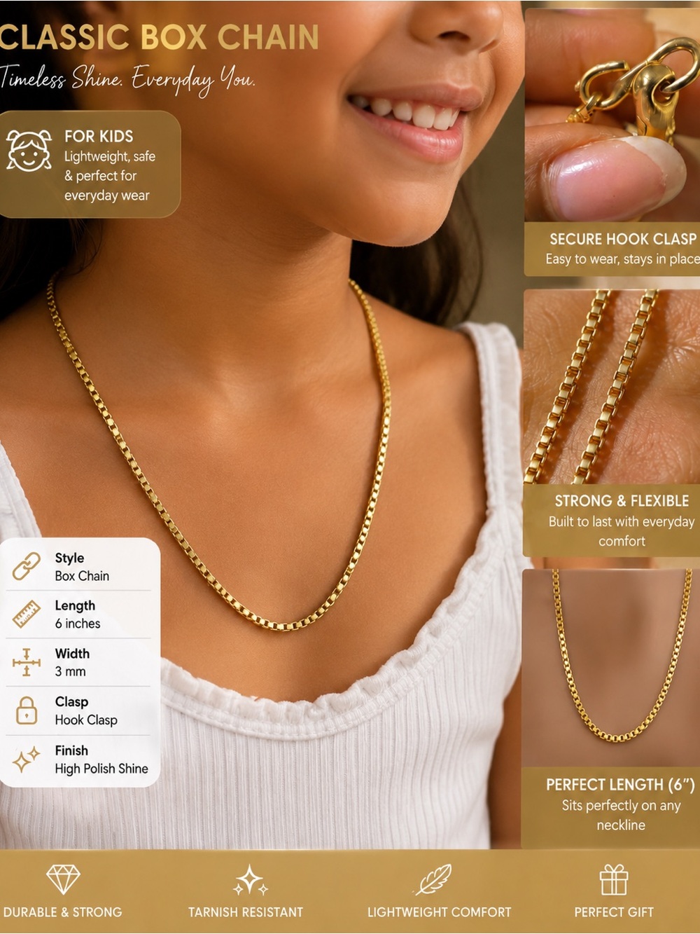 Classic Kids Box Chain Necklace - Goldtoned